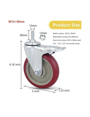 3 Pieces, 5 inches Stem Casters with Brake, Heavy Duty Caster Wheels PU Castors
