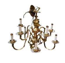 Brass 10 Candle Glass Chandelier Vintage