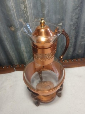 Vintage 1960s Copper & Brass  Coffee Carafe w/Copper Stand.The Carafe By Corning
