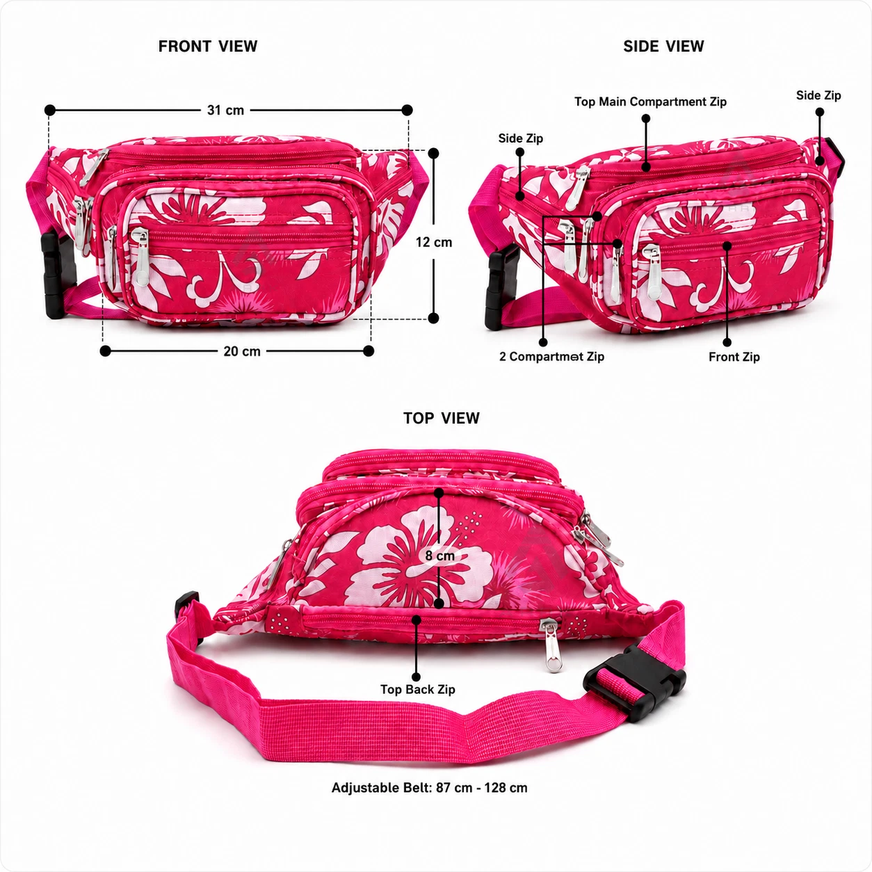 Colourful floral bum bag strap and pocket detail