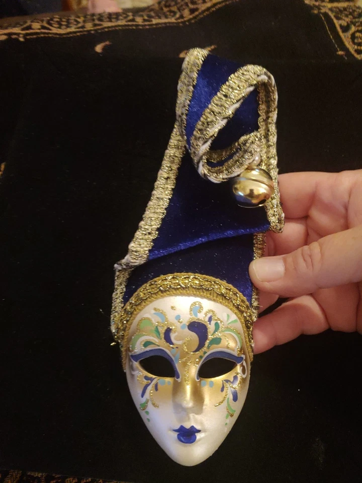 Bufón Azul Terciopelo Pintado a Mano Máscara Veneciana Hecha Venecia Italia De Colección 7" Foto 4 de 4