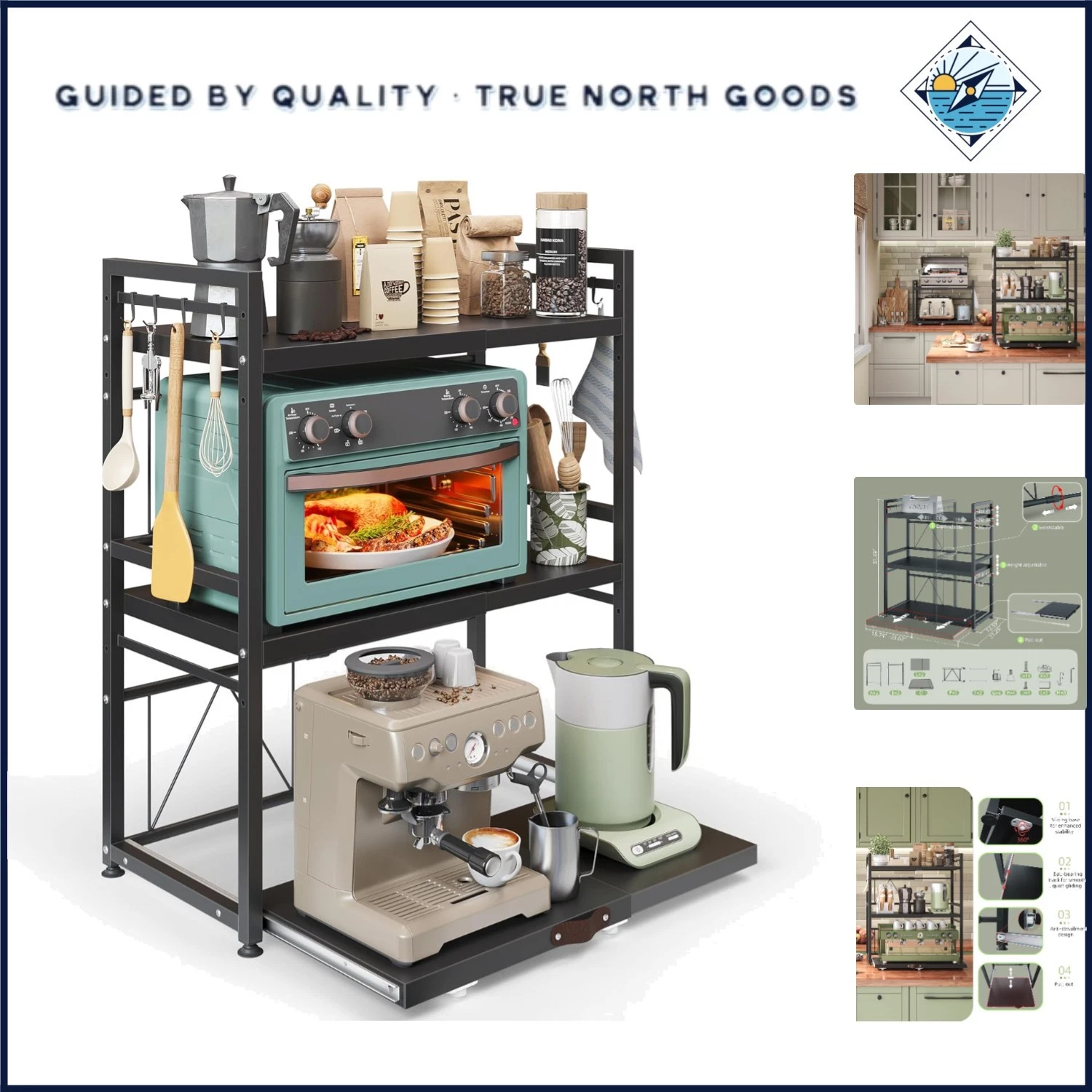 Metal Kitchen Counter Organizer with 3 Shelves and Adjustable Height Feature