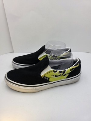 Vans Slip On Flame Shoes Black Lime Green Kids Juniors Size 7 Skate Sneakers