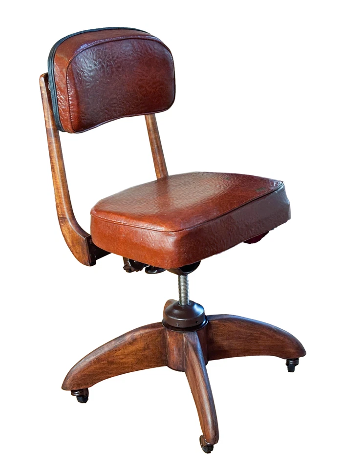 Silla giratoria de oficina Gunlocke vintage de cuero y madera Foto 2 de 4