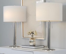 Set of 2 Contemporary Metal Table Lamps 29" Polished Nickel White Linen