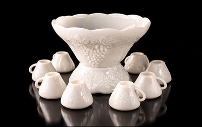 Milk Glass by Anchor Hocking - Grapes - Punch Bowl W/Stand & 8 Cups - 10 PC Lot