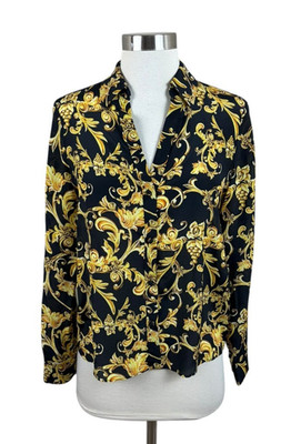 Alice + Olivia Black Gold Silk Florence Scroll Eloise Button Down Blouse XS