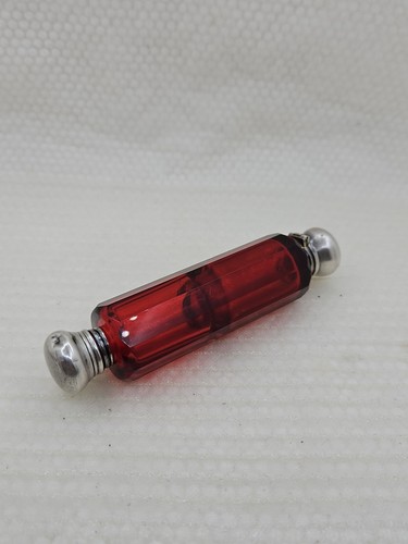 Rare VTG Cranberry Faceted Glass Double End Perfume Bottle W/ Mini Glass Stopper
