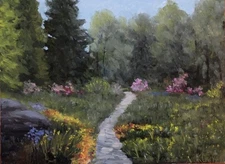 Original landscape oil painting, new, signed, garden, flowers