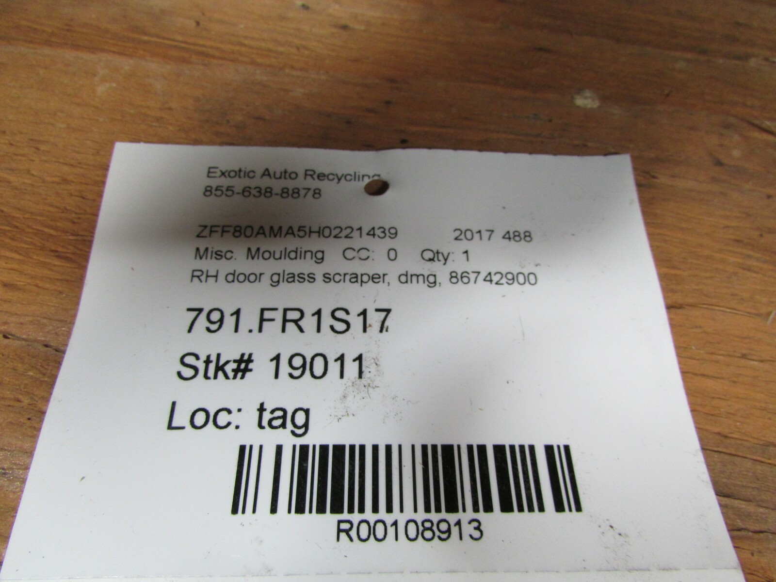 Ferrari 488, RH, Right Outer Door Glass Scraper, Used Damaged, P/N 86742900