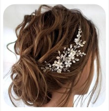 Flower Pearl Hair Comb for Bride, Wedding Rhinestone Hair Piece , White  Silver