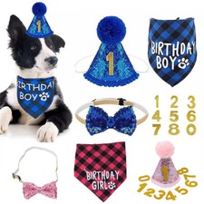 Dog Birthday Party Outfit Hat Bandana Bow Tie Age Number Set Adjustable Sparkl  