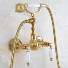 Polished Gold Brass Wall Mounted Bathroom Faucet Hand Spray Shower Mixer Tap Set