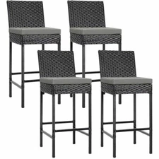 4pcs Outdoor Wicker Barstool Patio Rattan Furniture Bar Stools w/ Cushions Black