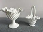 Fenton White Milk Glass Ruffled Hobnail Pedestal Candle Holder & Footed Basket