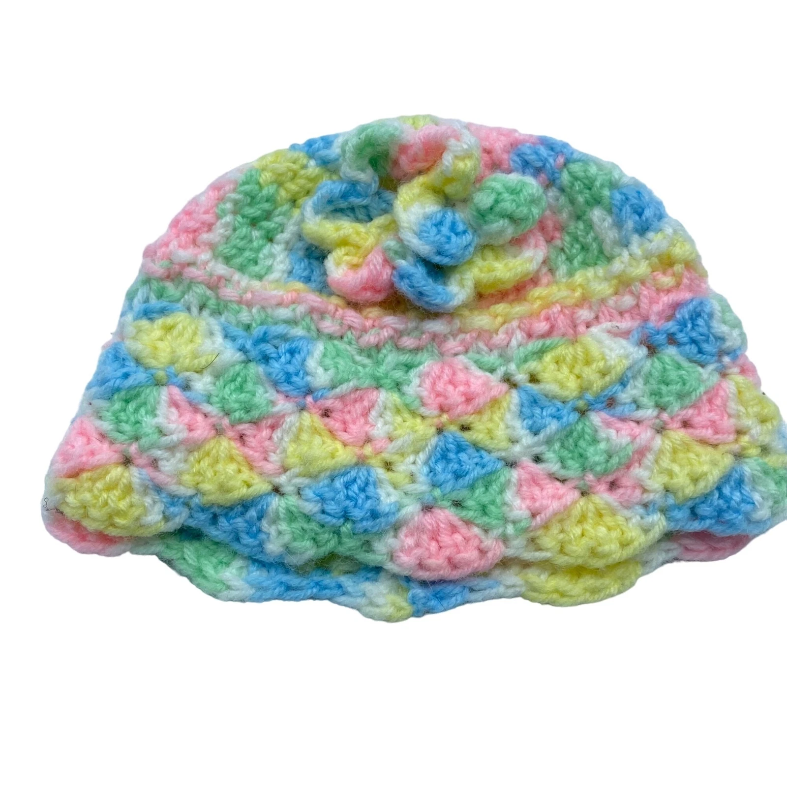 Vintage Handmade Crochet Multicolor Floral Accent Baby Beanie Hat