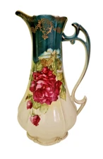 RW Bavaria Rudolf Wachter Pitcher decorated with cabbage roses 11.5" H