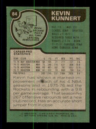 1977-78 Topps #84 Kevin Kunnert casi nuevo/nuevo como nuevo + Rockets 522714 - Imagen 2 de 2