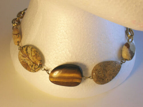 Vintage Agate and Tumbled Stone Necklace - Unsigned -  Circa 1980's - Zdjęcie 1 z 7