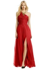 GUC Halston Heritage Nepal Sunset Gown red maxi dress one shoulder, sz 0 XS
