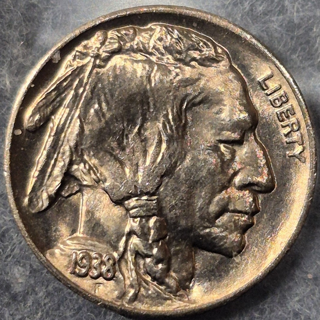 1938-D Buffalo nickel obverse, angled view