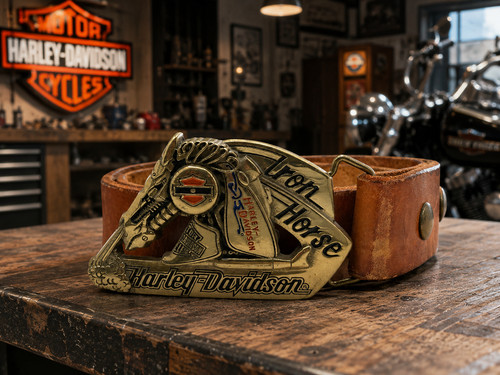 Harley Davidson Iron Horse Brass Belt Buckle Belt 1992 Baron Vintage Leather