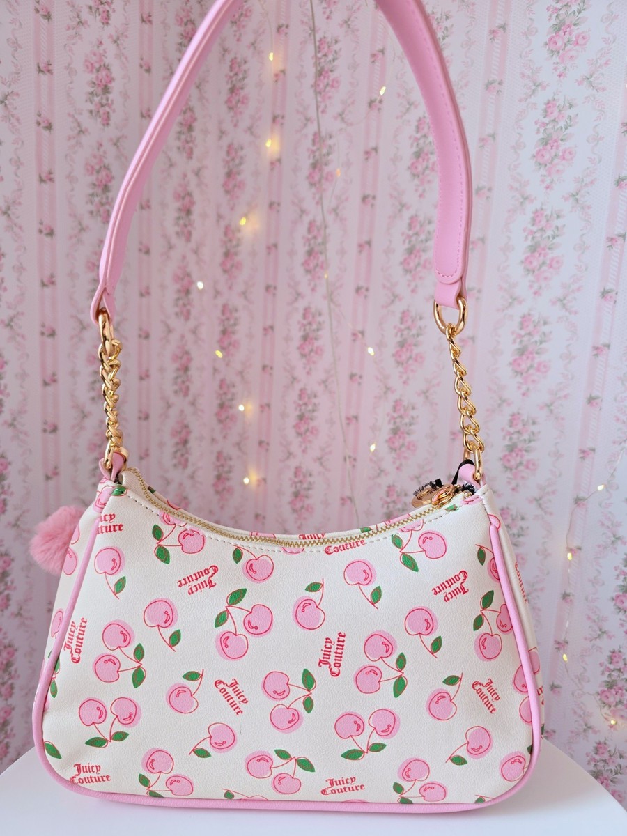 Juicy Couture Cherry Print Shoulder Bag White Pink Zip Gold Charm