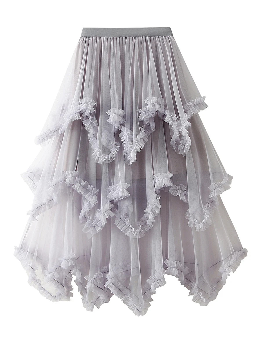 Women s Solid Color Tutu Skirt Mesh Layered MidiDress High Waist Ruffle Tulle Lo