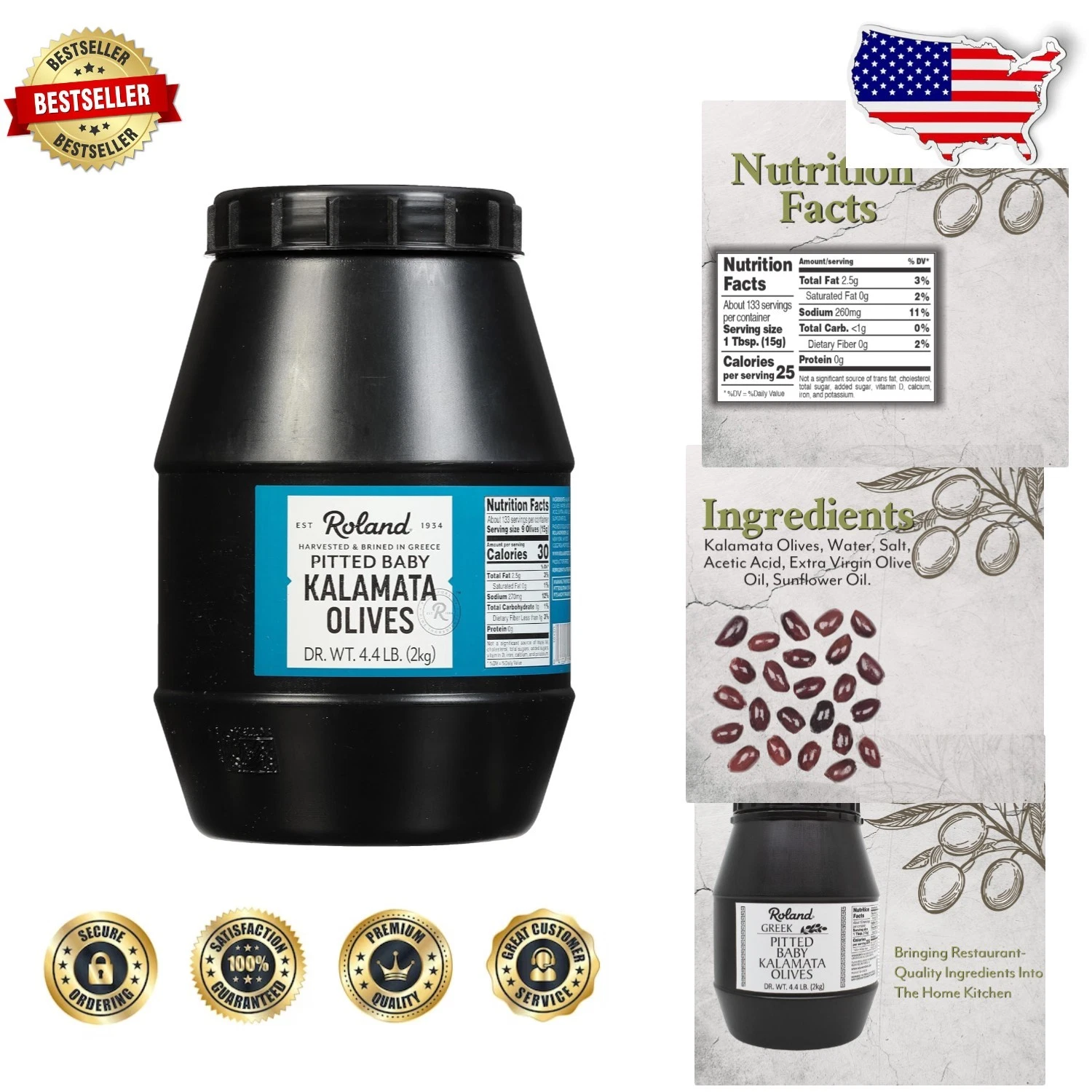 Pitted Baby Kalamata Olives Greece 4.4lb Jar Trans Fat Free Authentic Mediter...