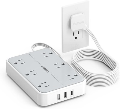 TESSAN Flat Extension Cord 10 FT with Plug Power Strip, Small 10FT, Gray 