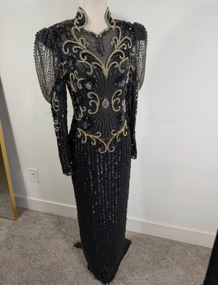 #ad Vintage Landa 100% Silk Beaded Sequin Evening Gown Black Size 8 $399.00