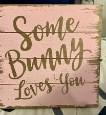 Pink Wooden Easter Bunny Sign Spring 7  x7  Hoppy Easter Decor Shelf Sign Rustic