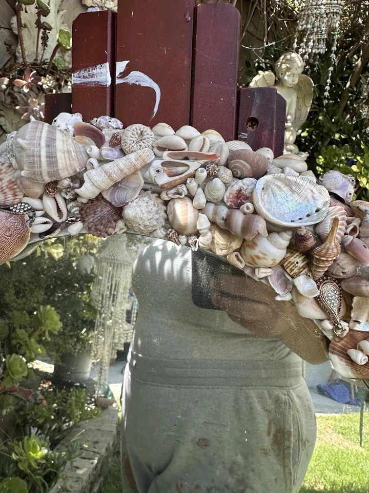 "Espejo ovalado incrustado grande vintage Seashell 25 X 22"" joya de vidrio de mar abulón" Foto 2 de 4