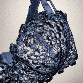 2 Piece Dita Von Teese Lingerie Set - Blue Bra , Garter Belt - Pinup Lace Strap