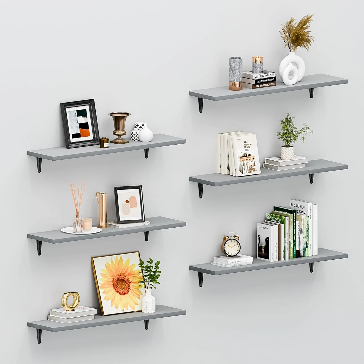 Set of 6 Floating Wood Shelves - 23.6" Grey Wall Decor for Any Room