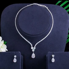 CWWZircons CZ Drop Pendant Necklace Earrings Bridal Engagement Party Jewelry Set