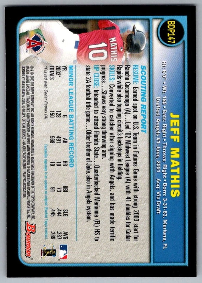 2003 Bowman Draft Picks & Prospects Jeff Mathis Anaheim Angels #BDP147 - Image 2 of 2