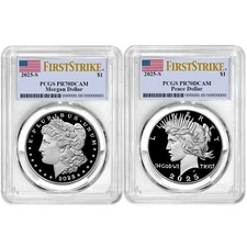 2pc Set - 2025-S $1 Proof Morgan and Peace Silver Dollar PCGS PR70DCAM FS Flag