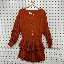 Free People Romy Mini Dress Womens Large Orange Ruffle Skirt Boho Smoked