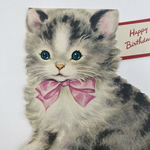 Vintage Mid Century Geburtstag Grußkarte süß weiß grau Kätzchen Katze rosa Schleife - Bild 1 von 4