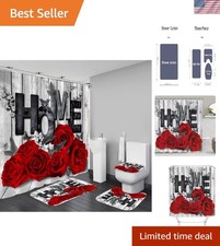 Red Rose Shower Curtain Set Bath Mat Rug Toilet Cover Valentine's Day Bathroo...
