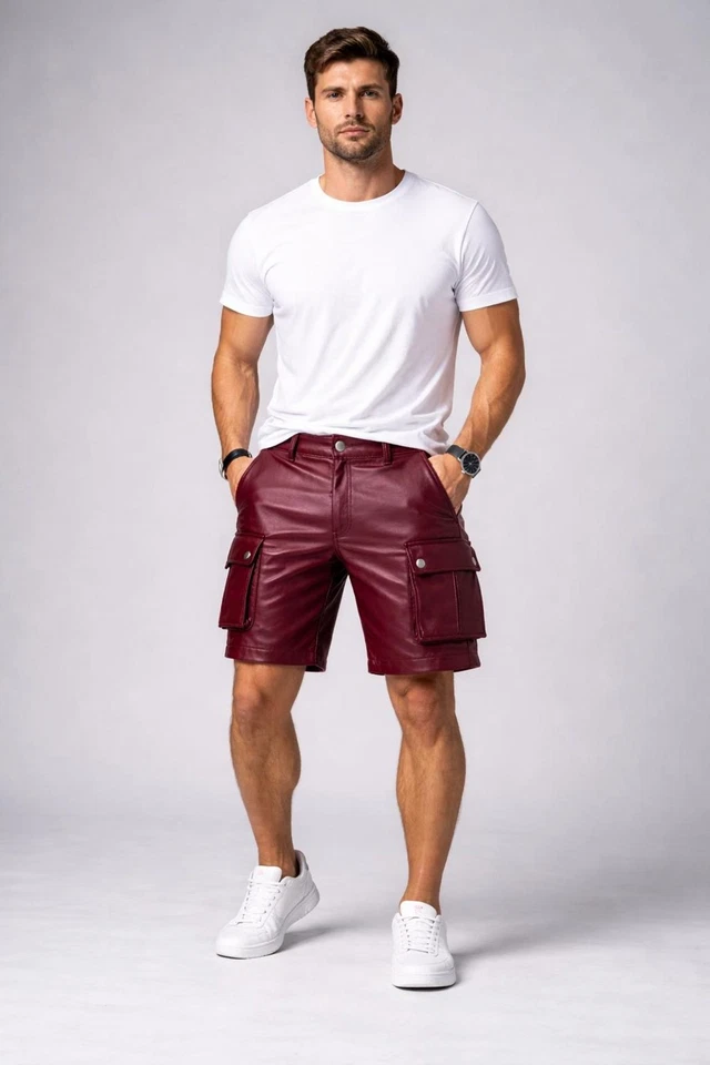Short homme en cuir bordeaux six poches | Short cargo en cuir de mouton vérit... - Photo 1/4