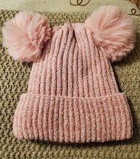 Women's Pink Knit Beanie Hat with Faux Fur Pom Poms, Lined, Winter