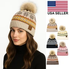 C.C Exclusive Women's Winter Thick Soft Nordic Fair Isle Pom Beanie Hat