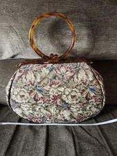 Vtg Tapestry Floral 13 9" Falcon Mid 1900s Purse, Brown Handle Snap Closure 436