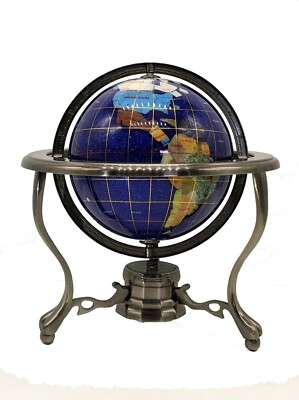 10'' Tall Table Blue Crystallite Ocean Gemstone Globe w Tripod Zinc Alloy Stand