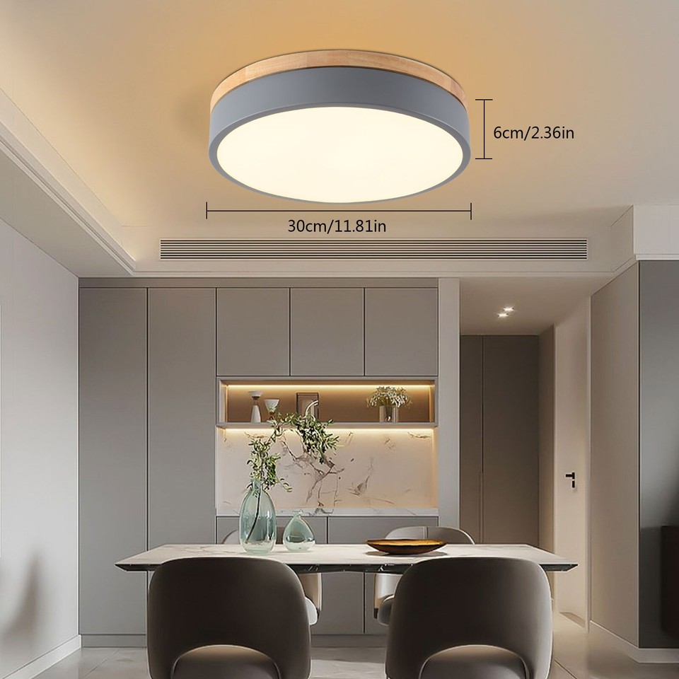 Modern Wood LED Ceiling Light Fixture Minimalist Grey Flush Mount