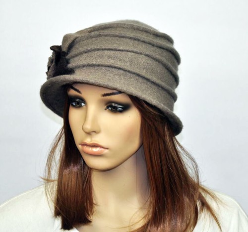 M92 Khaki Wool Acrylic Cute Flowers Winter Brim Hat Cap Beanie Cloche Women's - Picture 3 of 4