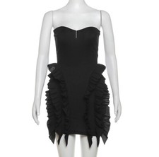 Women Strapless Mini Dress Layers Ruffles Medium Black Ribbed Stretch Sweetheart