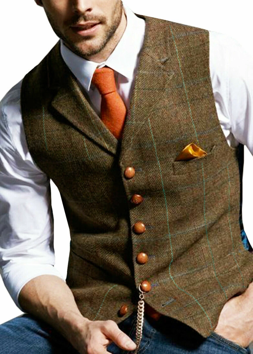 Hot Mens Lapel Tweed Waistcoat Retro Sleeveless Jacket Vests Wool
